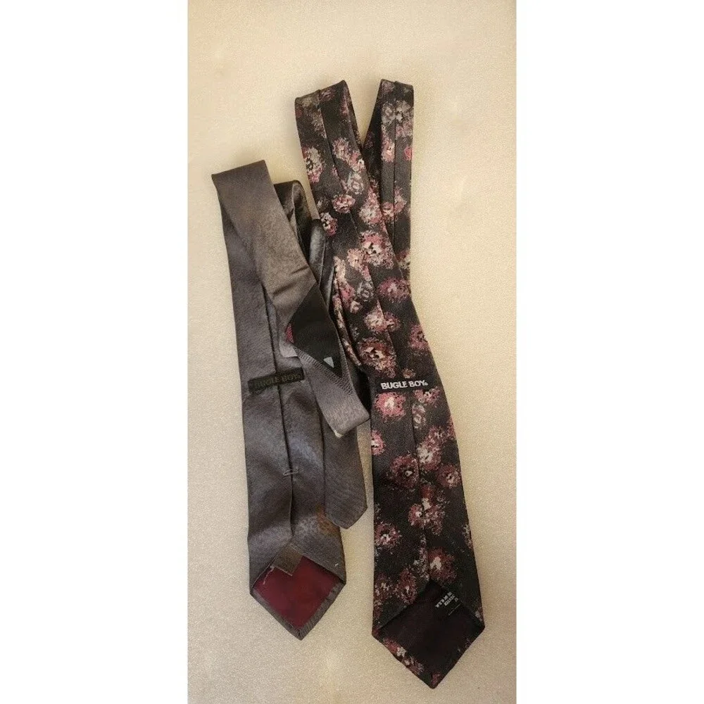 Bugle Boy Mens Polyester Skinny Suit Tie Set Gray Geometric Black Floral Design